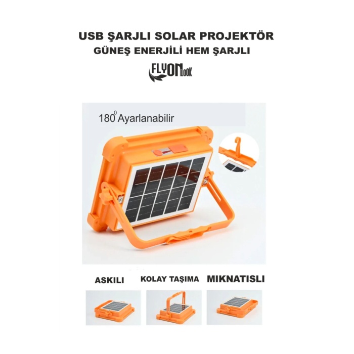 ŞARJLI HEM GÜNEŞ ENERJLİ SOLAR PROJEKTÖR 4000 LÜMEL 5 IŞIK MODLU LAMBA FENER  SOLAR PANEL PORTATİF