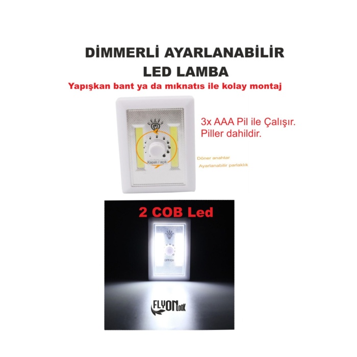 Dimmerli  Led Lamba Cob Ledli Yapişkan Veya Miknatisli Dolap Içi Mutfak Tezgah Ev Bahçe Fener