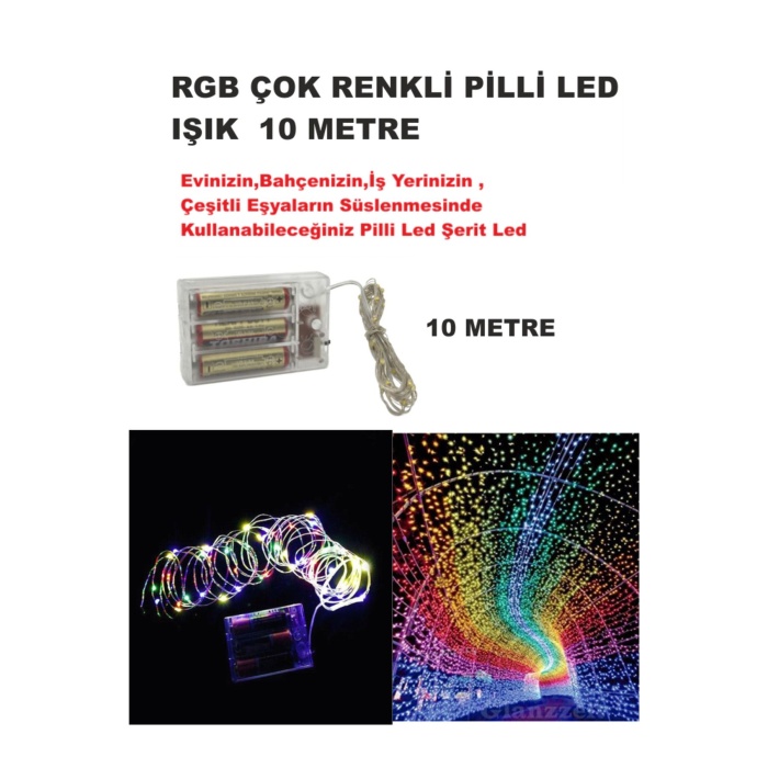 RGB ÇOK IŞIKLI  PİLLİ LED IŞIK 10M  EV, BAHÇE, OFİS , ÇEŞİTLİ EŞYA SÜSLEME LED ŞERİT IŞIK LED