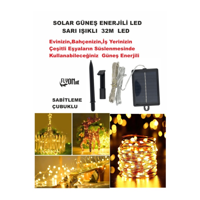 SOLAR GÜNEŞ ENERJİLİ SARI  IŞIKLI  LED IŞIK 32 METRE EV, BAHÇE, OFİS , ÇEŞİTLİ EŞYA SÜSLEME ŞERİT