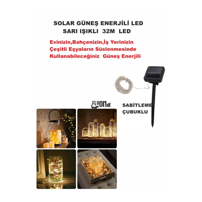 SOLAR GÜNEŞ ENERJİLİ SARI  IŞIKLI  LED IŞIK 32 METRE EV, BAHÇE, OFİS , ÇEŞİTLİ EŞYA SÜSLEME ŞERİT