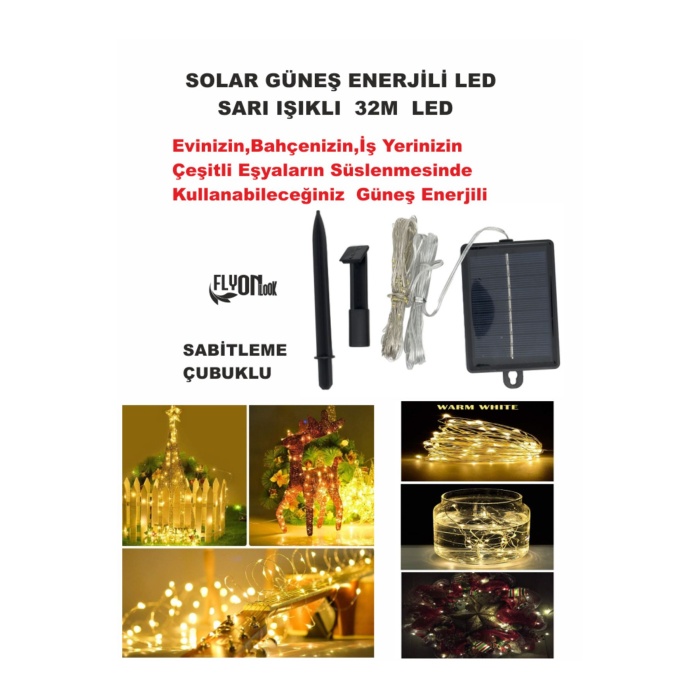 SOLAR GÜNEŞ ENERJİLİ SARI  IŞIKLI  LED IŞIK 32 METRE EV, BAHÇE, OFİS , ÇEŞİTLİ EŞYA SÜSLEME ŞERİT