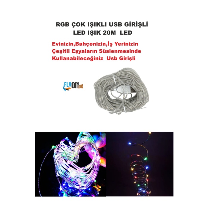 USB GİRİŞLİ RGB ÇOK IŞIKLI  LED IŞIK 20 METRE EV, BAHÇE, OFİS , ÇEŞİTLİ EŞYA SÜSLEME ŞERİT LED