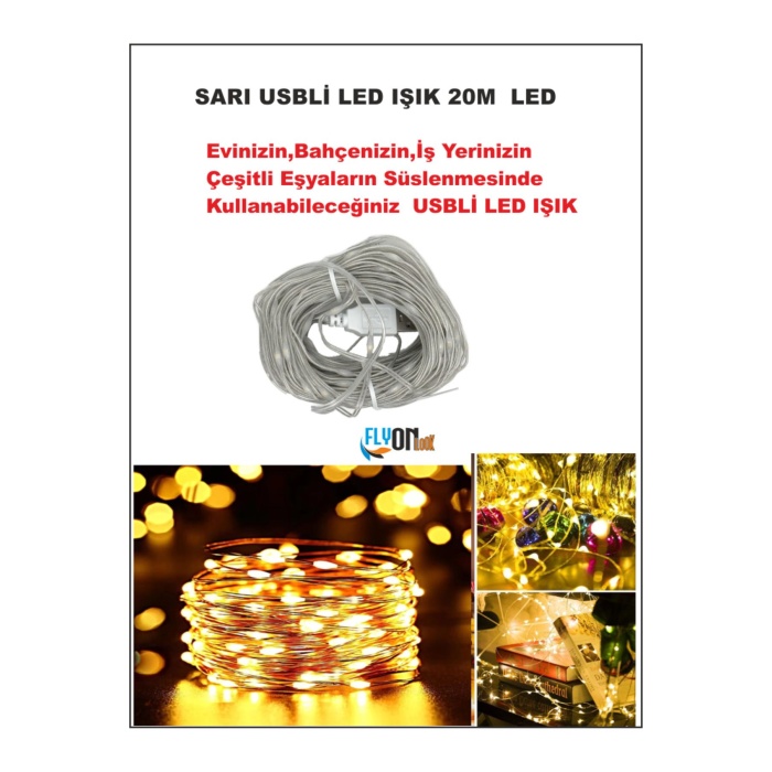USB GİRİŞLİ SARI IŞIKLI  LED IŞIK 20 METRE EV, BAHÇE, OFİS , ÇEŞİTLİ EŞYA SÜSLEME ŞERİT LED