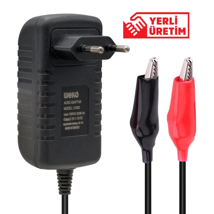 7.2 Volt - 2 Amper Krokodil Uçlu Priz Tip Ledli Yerli Üretim Akü Şarj Cihazı Out:6V2A