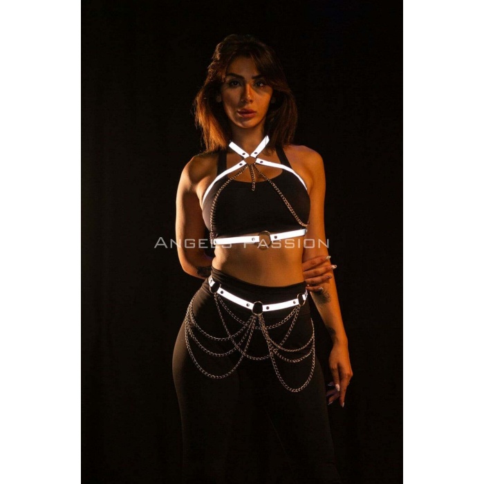 Karanlıkta Yansıyan Reflektörlü Zincirli Harness Takım, Dancewear, Partywear - 1365