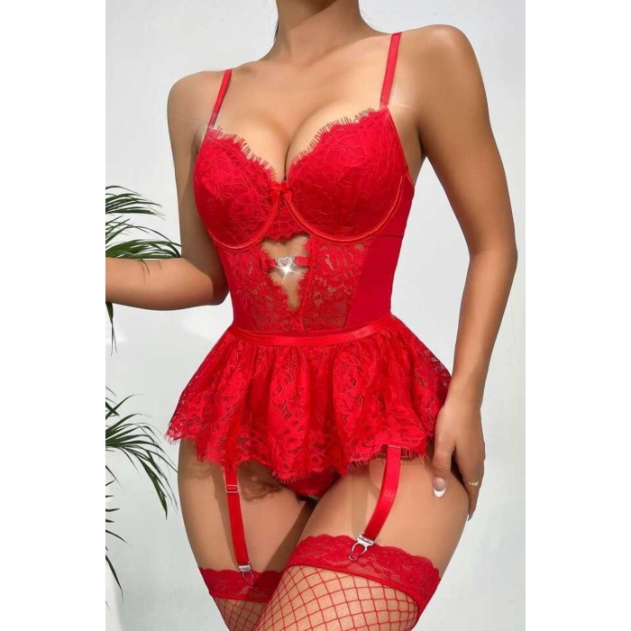 Kırmızı Dantelli Etekli Babydoll Takım 16517