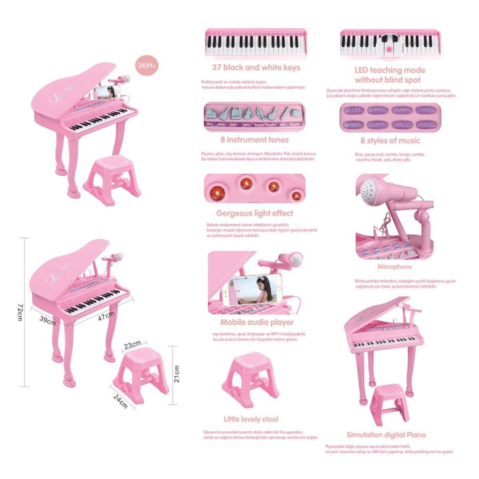 Bao-1403(0213)Pink 37 Tuşlu Büyük Pembe Piano Mp3 Ve Mikrofonlu -Vardem