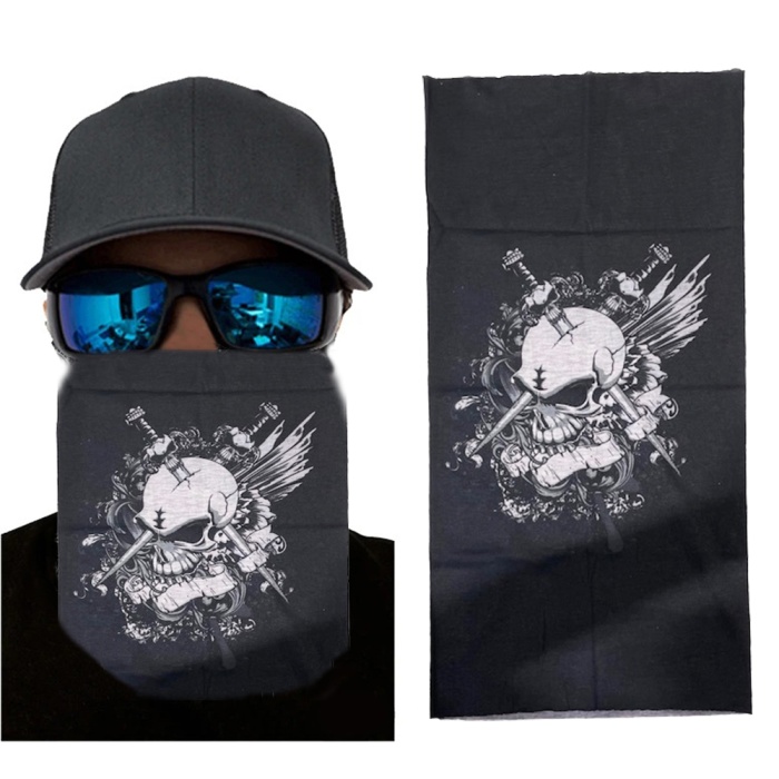 Siyah Renk Üzeri Likralı Beyaz Kafatası Kuru Kafa Baskılı Baf Buff Bandana 25X48 Cm