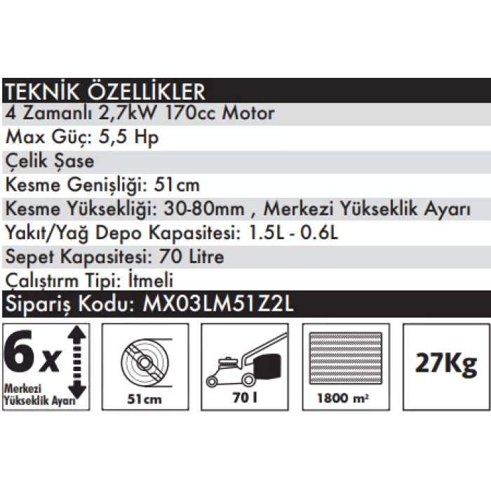 MAX EXTRA MX03LM51Z2L Benzinli İtmeli Çim Biçme Makinası 4 Zamanlı 2.7kW, 170cc