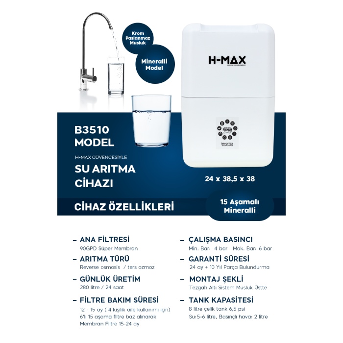 8 Litre Çelik Tanklı 15 Aşama Multi Mineralli Süper Membran Su Arıtma Cihazı HMAXB3510