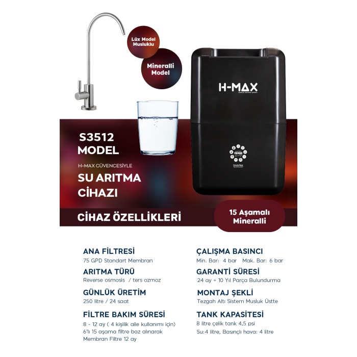 8 Litre 15 Aşama Mineralli 75 GPD Su Arıtma Cihazı HMAXS3512