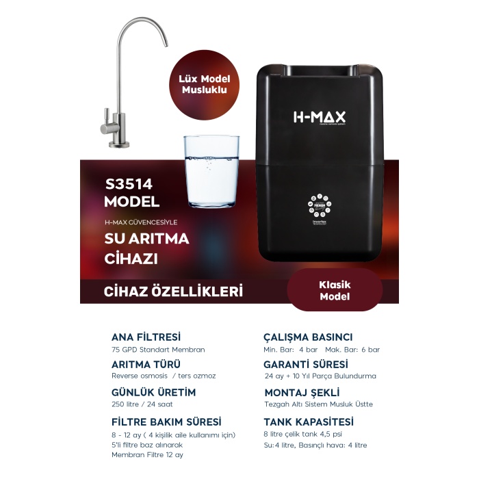 8 Litre 5 Aşama 75 GPD Su Arıtma Cihazı (HEDİYELİ) HMAXS3514