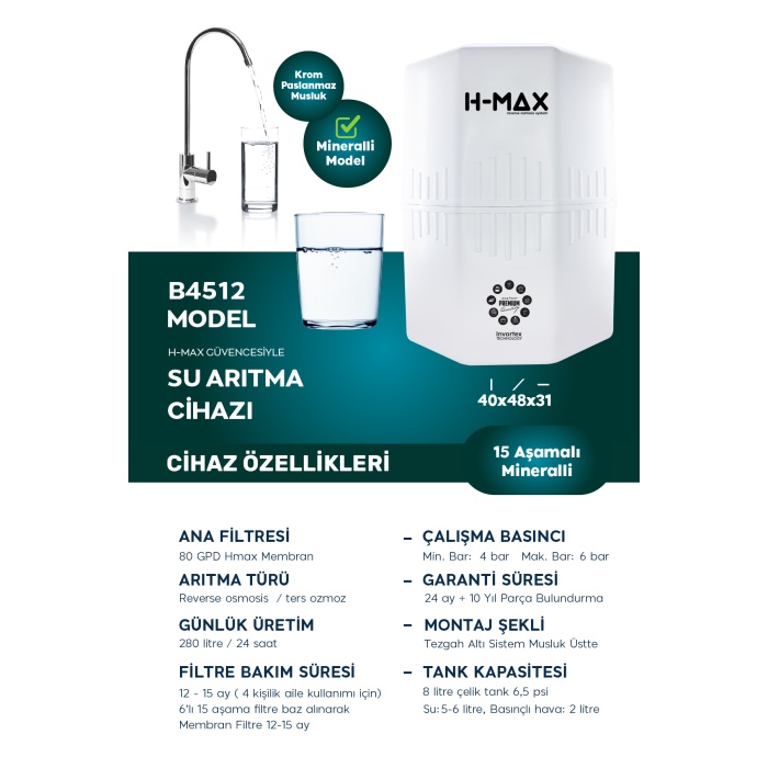 12 Litre Çelik Tanklı 15 Aşama Multi Mineralli 80 GPD Su Arıtma Cihazı HMAXB4512