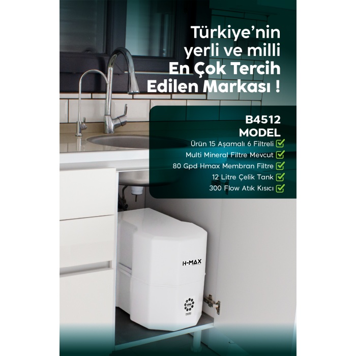 12 Litre Çelik Tanklı 15 Aşama Multi Mineralli 80 GPD Su Arıtma Cihazı HMAXB4512