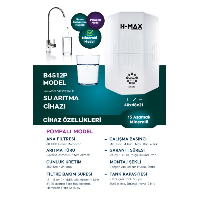 12 Litre Pompalı 15 Aşama Multi Mineralli 80 GPD Su Arıtma Cihazı HMAXB4512P