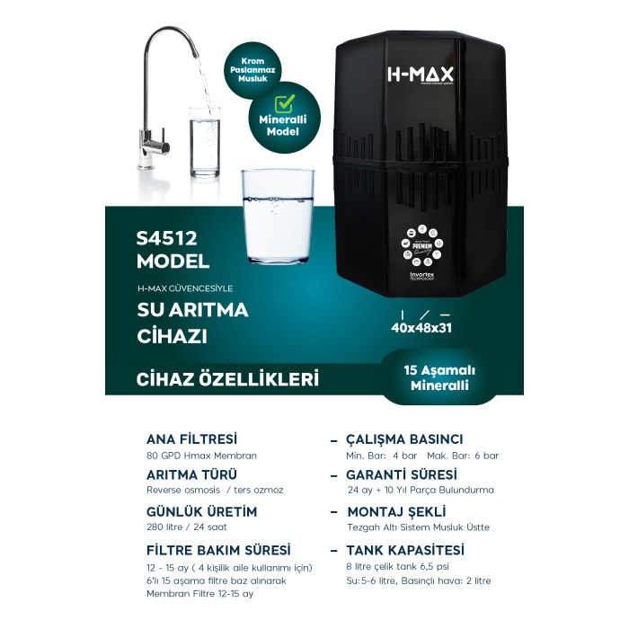 12 Litre Çelik Tanklı 15 Aşama Multi Mineralli 80 GPD Su Arıtma Cihazı HMAXS4512