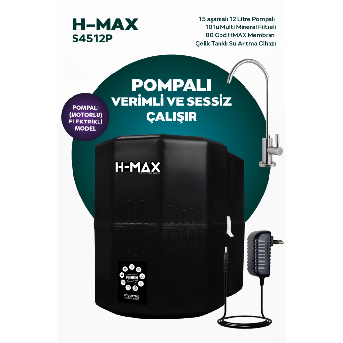 12 Litre Pompalı 15 Aşama Multi Mineralli 80 GPD Su Arıtma Cihazı HMAXS4512P