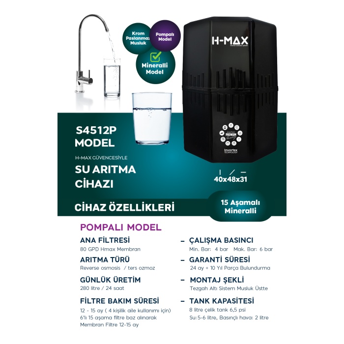 12 Litre Pompalı 15 Aşama Multi Mineralli 80 GPD Su Arıtma Cihazı HMAXS4512P