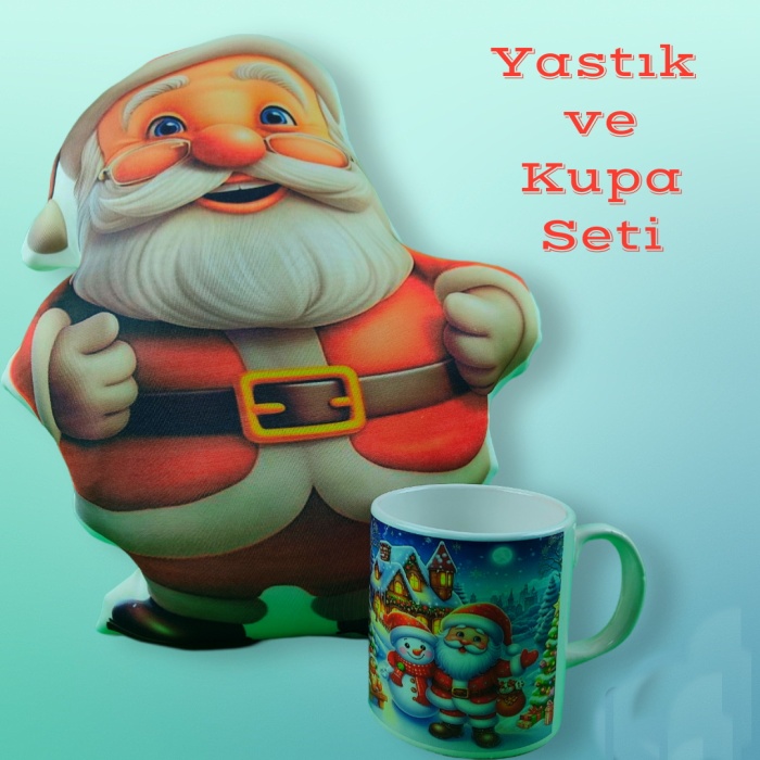 Noel Baba Yılbaşı Tasarımlı Şekilli Yastık ve Kupa Hediyelik Set