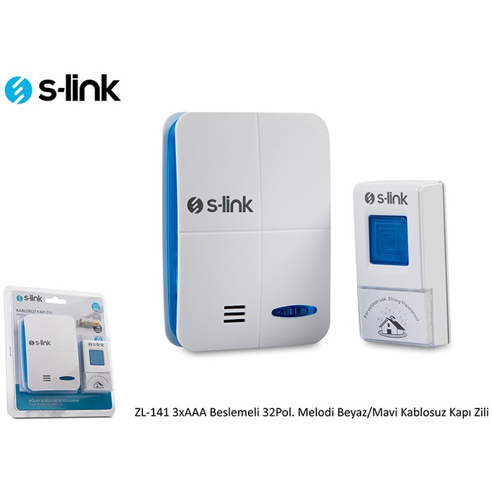 S-link ZL-141 3xaa Beslemeli 32Pol. Melodi Beyaz-Mavi Kablosuz Kapı Zili