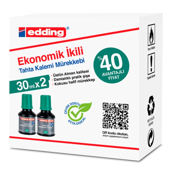 Edding Tahta Kalem Mürekkebi Damlalıklı Ekonomik 30 ML Yeşil 2 Li BT30