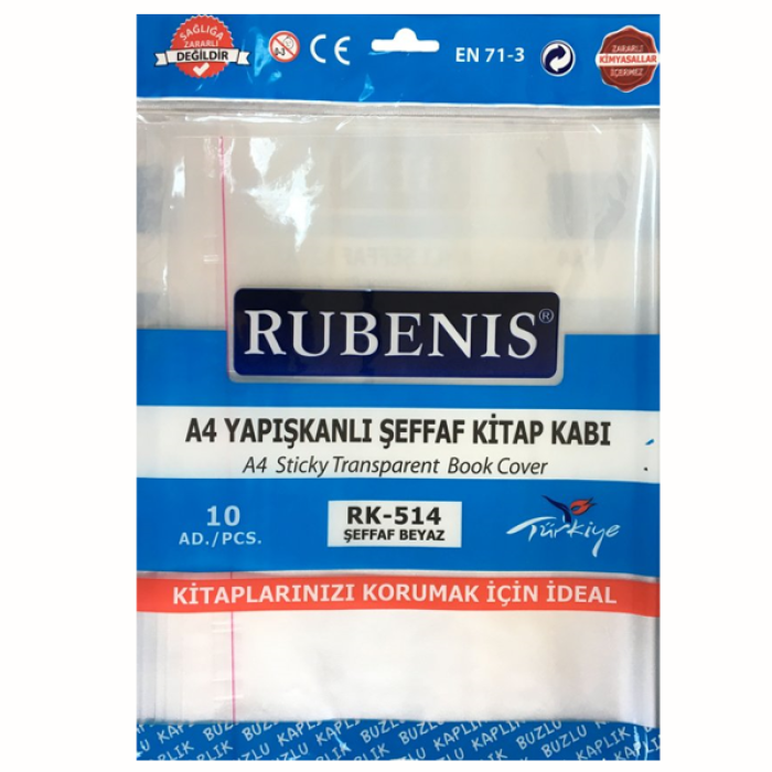 Rubenis Hazır Kaplık Kitap Kabı Yapışkanlı 10 Lu A4 Şeffaf Beyaz RK-514