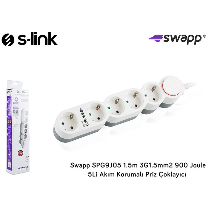 S-link Swapp SPG9J05 1.5m 3G1.5mm2 900 Joule 5Li Akım Kor. Priz Çoklayıcı