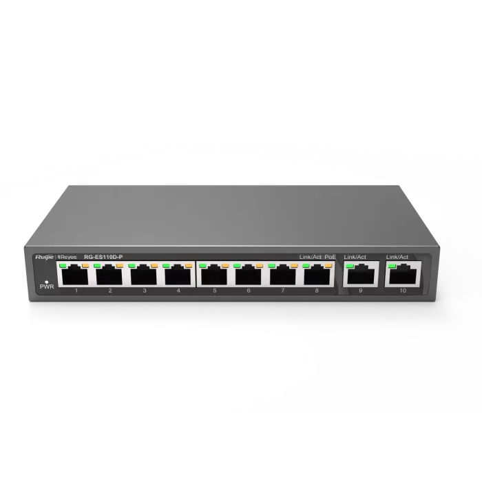 Ruijie-Reyee RG-ES110D-P 8 Port Poe+ 10-100 Mbps 2 Port 10-100-1000 Mbps Uplink Switch Çelik Kasa