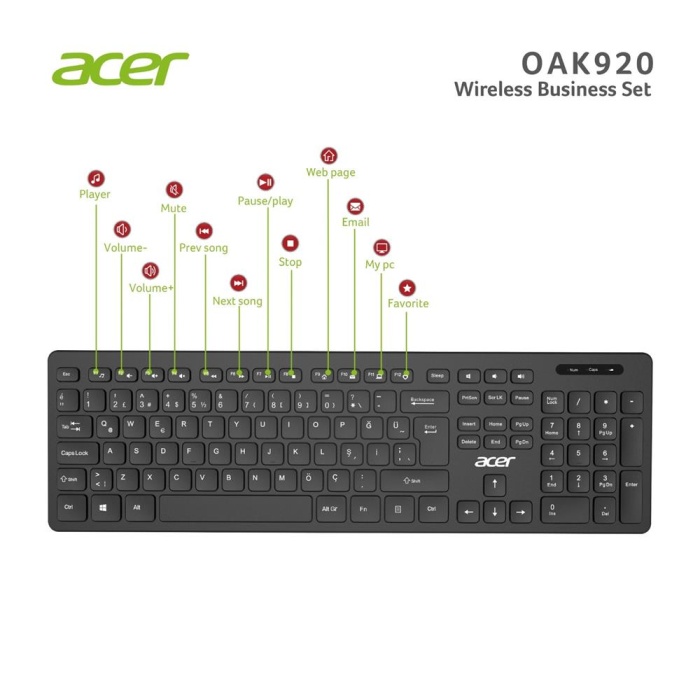 Acer OAK-920 Siyah Kablosuz Sessiz Tuşlu  2.4 Ghz Klavye Moue Set ( Mouse 1200Dpı)