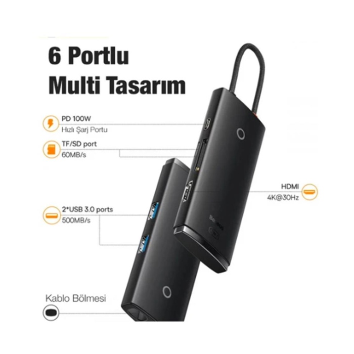 Baseus WKQX050101 Örgülü Kablo Type-C 6ın1 Hub (2Usb 3.0 -Hdmı-Sd-TF-Type-C)