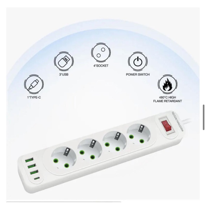 2500W USB güç şeridi aşırı yük koruması ile 3USB 1type-C şarj cihazı 2m uzatma kablosu