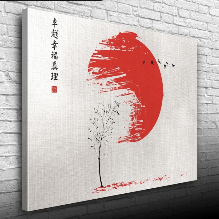 Kuru ağaç ve Japon Bayrağı Kanvas Tablo 50 x 70