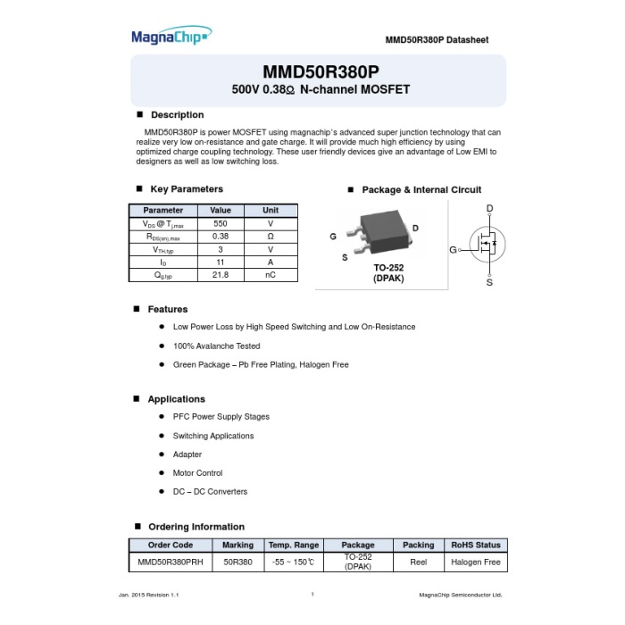 50R380, MMD50R380P, N-channel MOSFET, 500 VOLT, 11 AMPER , LED DRIVER, FET