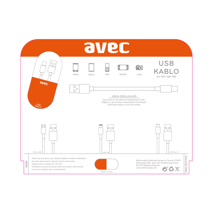 Avec Av-189 Type-c Kablo 1 Metre