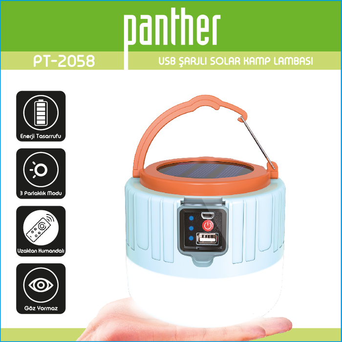 Panther Pt-2058 Usb Şarjlı Solar Kamp Lambası