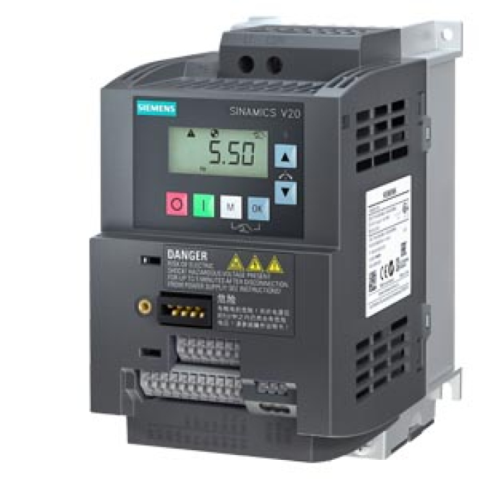 6SL3210-5BB21-1UV1 SINAMICS V20 1 AC 200-240 V -10/+10% 47-6 Rated power 1.1 kW with 150% overload for 60 sec. unfiltered I/O interface: 4 DI, 2 D