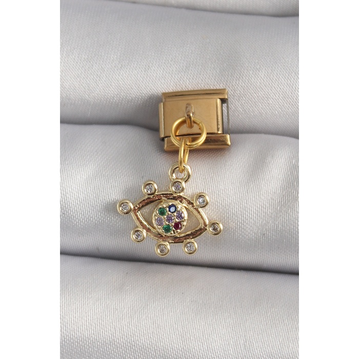 316L Çelik Gold Renk Sallantı Zirkon Taşlı Göz Model Nomination Charm - TJ-BC1195