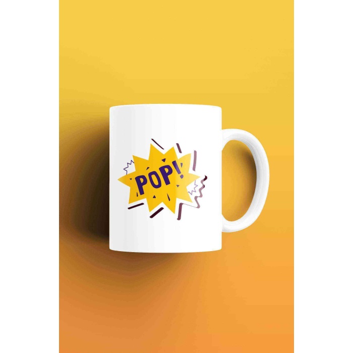 Pop Sticker Desenli, Baskılı Beyaz Kupa Bardak