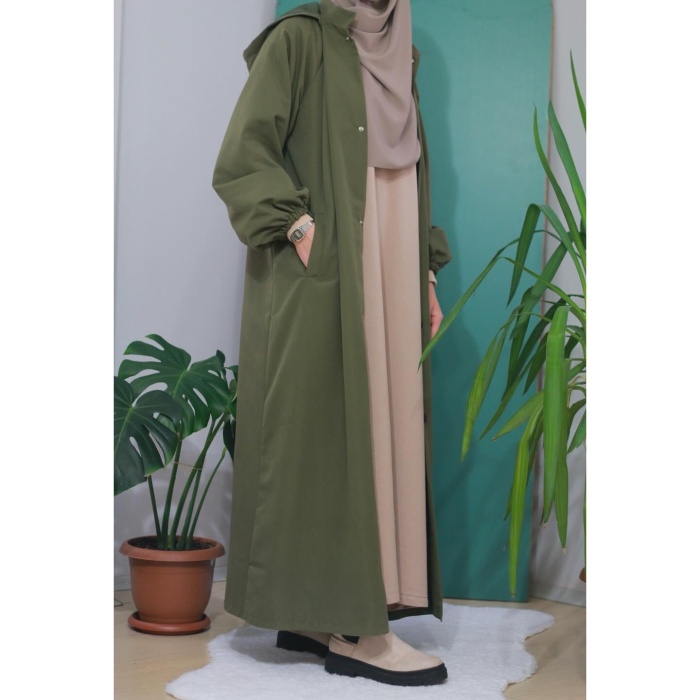 Kapüşonlu Kloş Trench Coat Haki