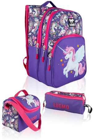 Lugmo Unicorn 3 Lü İlkokul Çanta Seti  Kız Çocuk Çantası Astarlı Pedli Mor