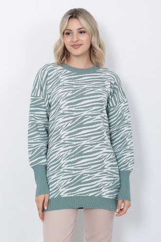 Kadın Triko Kazak Bisiklet Yaka Zebra Desenli Oversize Mint Yeşili