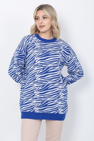 Kadın Triko Kazak Bisiklet Yaka Zebra Desenli Oversize Saks Mavi