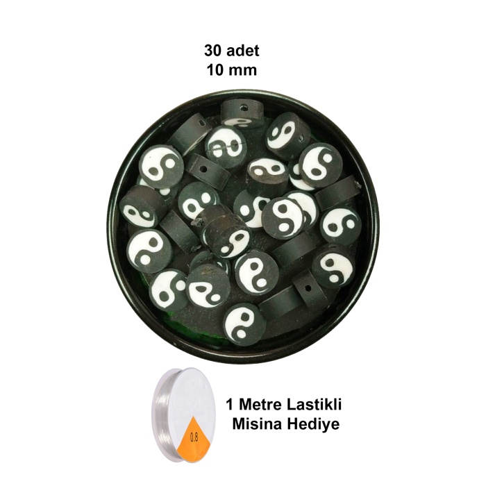 30 Adet 10 mm Polimer Kil Fimo Boncuk Takı Bileklik + 1 Metre Lastikli Misina Hediye - Yin Yang