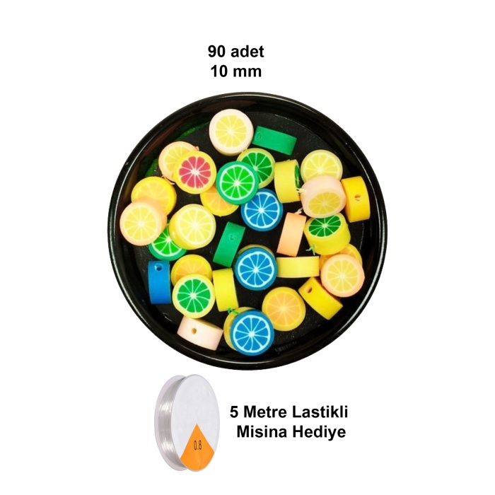 90 Adet 10 mm Polimer Kil Fimo Boncuk Takı Bileklik + 5 Metre Lastikli Misina Hediye - Renkli Limon