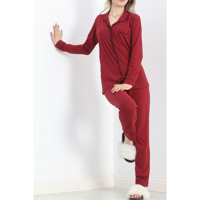 Düğmeli Süprem Pijama Takımı Bordo