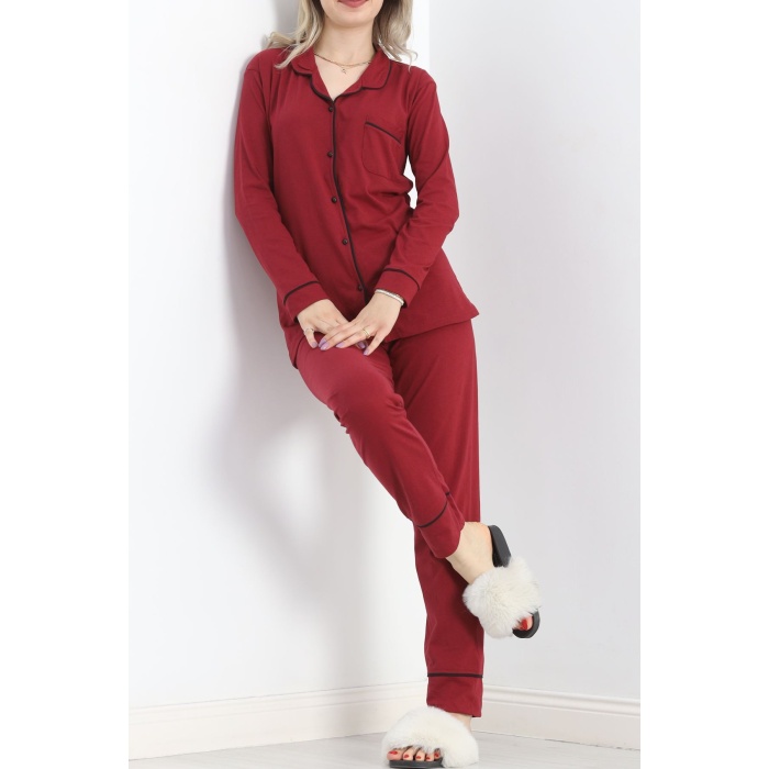 Düğmeli Süprem Pijama Takımı Bordo