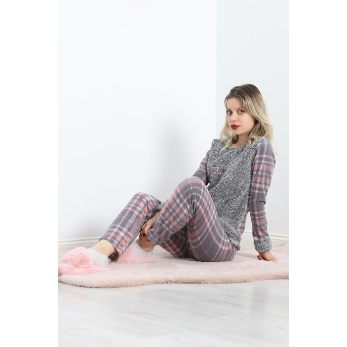 Peluş Polar Pijama Takımı Grikareli