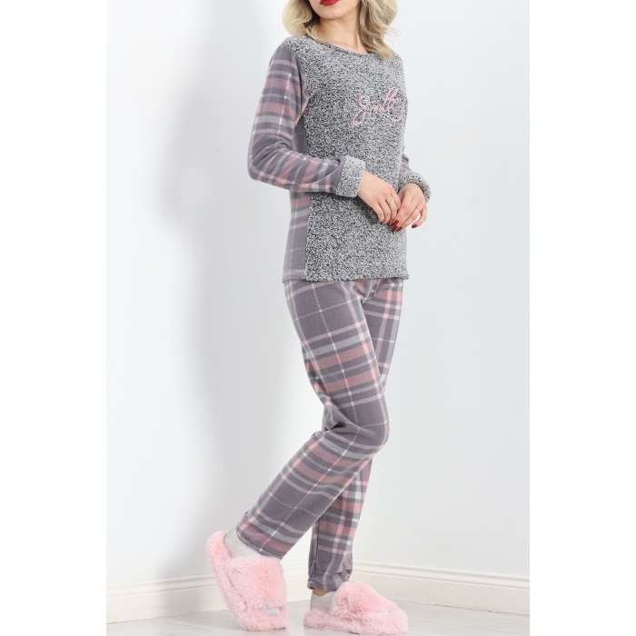 Peluş Polar Pijama Takımı Grikareli