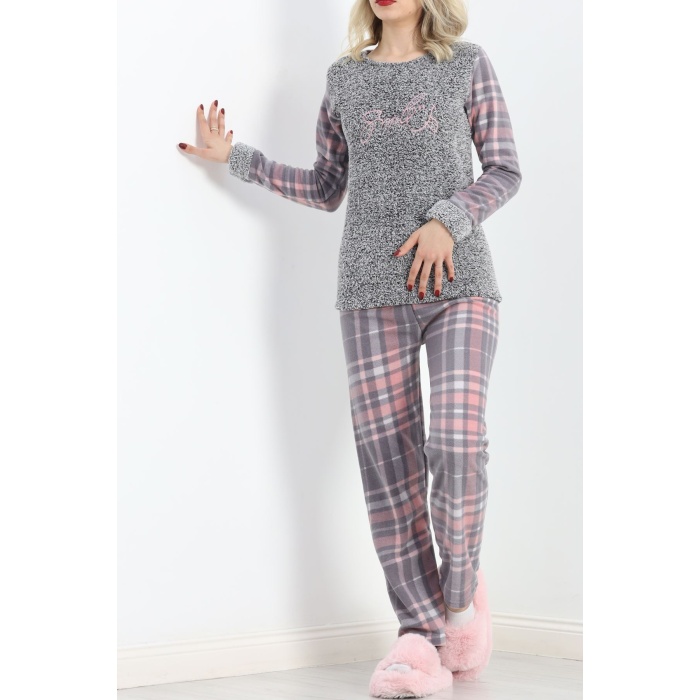 Peluş Polar Pijama Takımı Grikareli